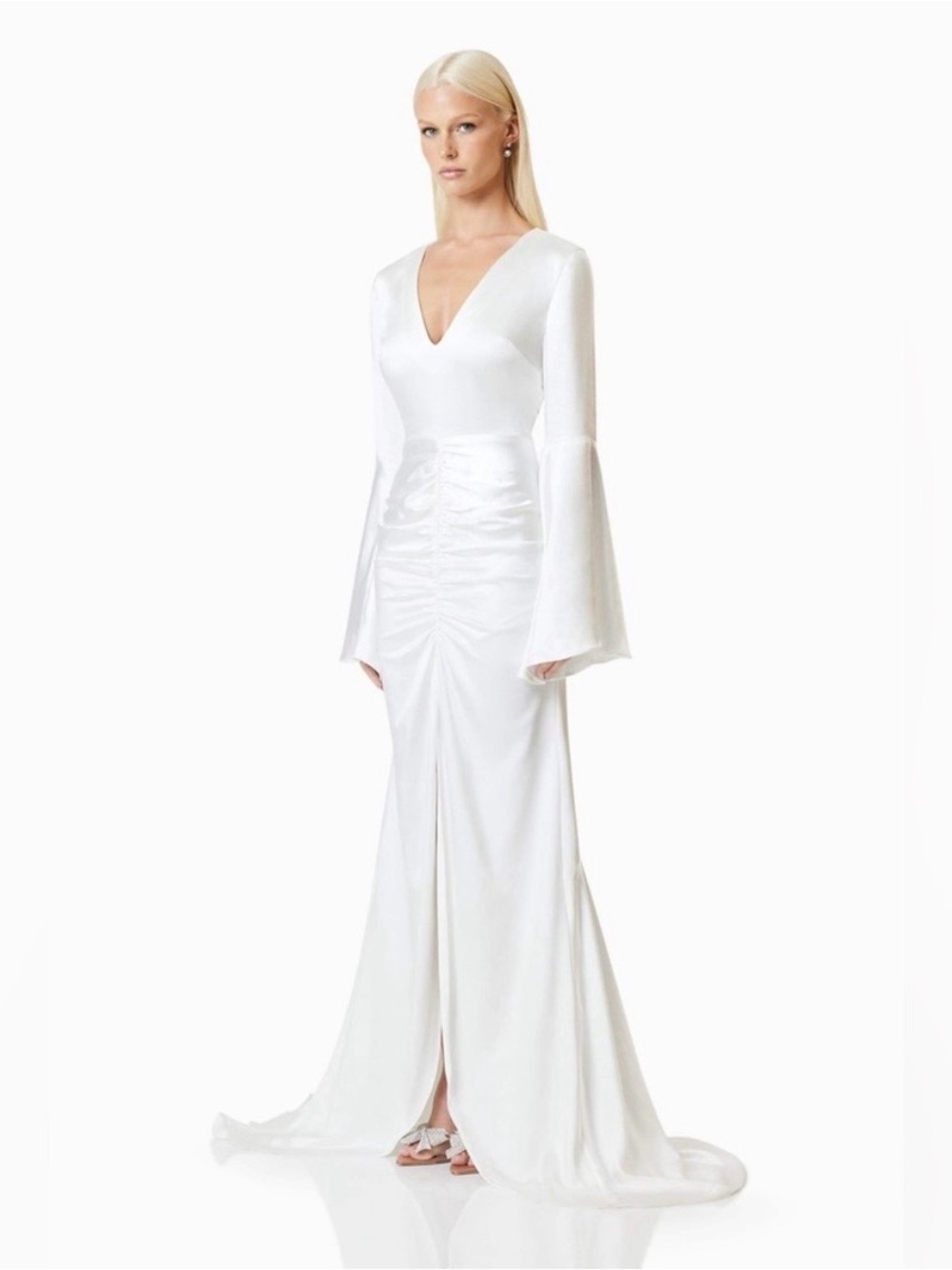 Elliatt Ivory Satin V-Neck Long Sleeve Gown